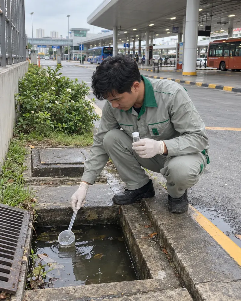 Kỹ thuật viên lấy mẫu lăng quăng ở hố thu nước ngoài nhà ga