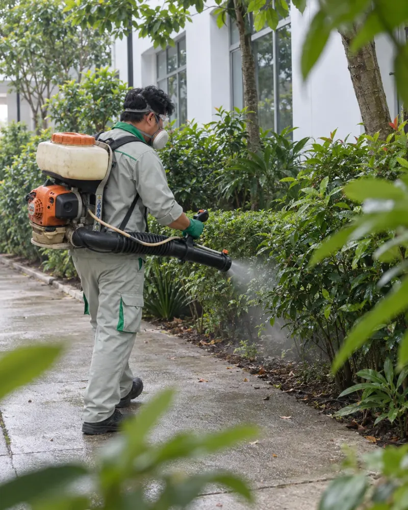 Kỹ thuật viên phun sương bồn cây cảnh quan quanh văn phòng