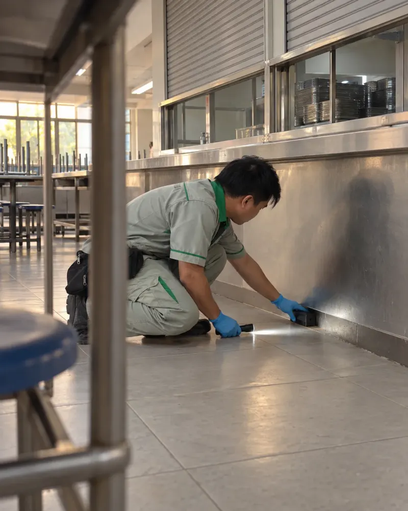 Kỹ thuật viên đặt bẫy dưới quầy inox cantin