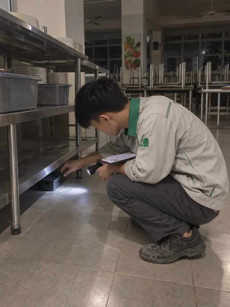 Kỹ thuật viên soi đèn kiểm tra hộp giám sát chuột dưới gầm kệ cantin trường học