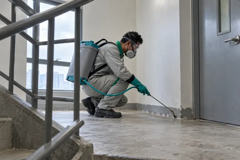 Kỹ thuật viên phun khe chân tường cầu thang thoát hiểm