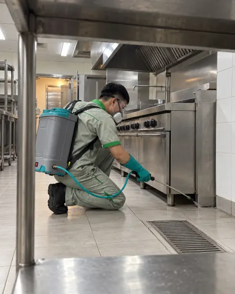 Kỹ thuật viên phun khe chân bếp khách sạn