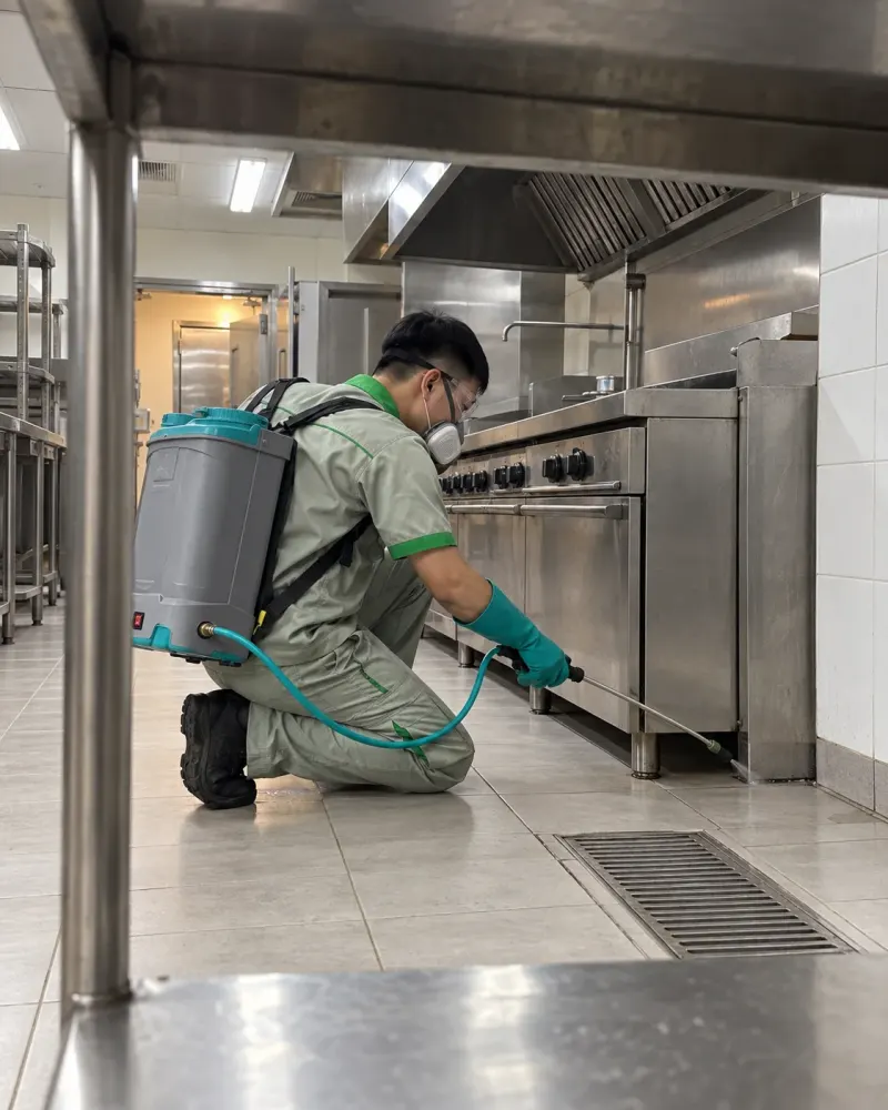 Kỹ thuật viên phun khe chân bếp khách sạn