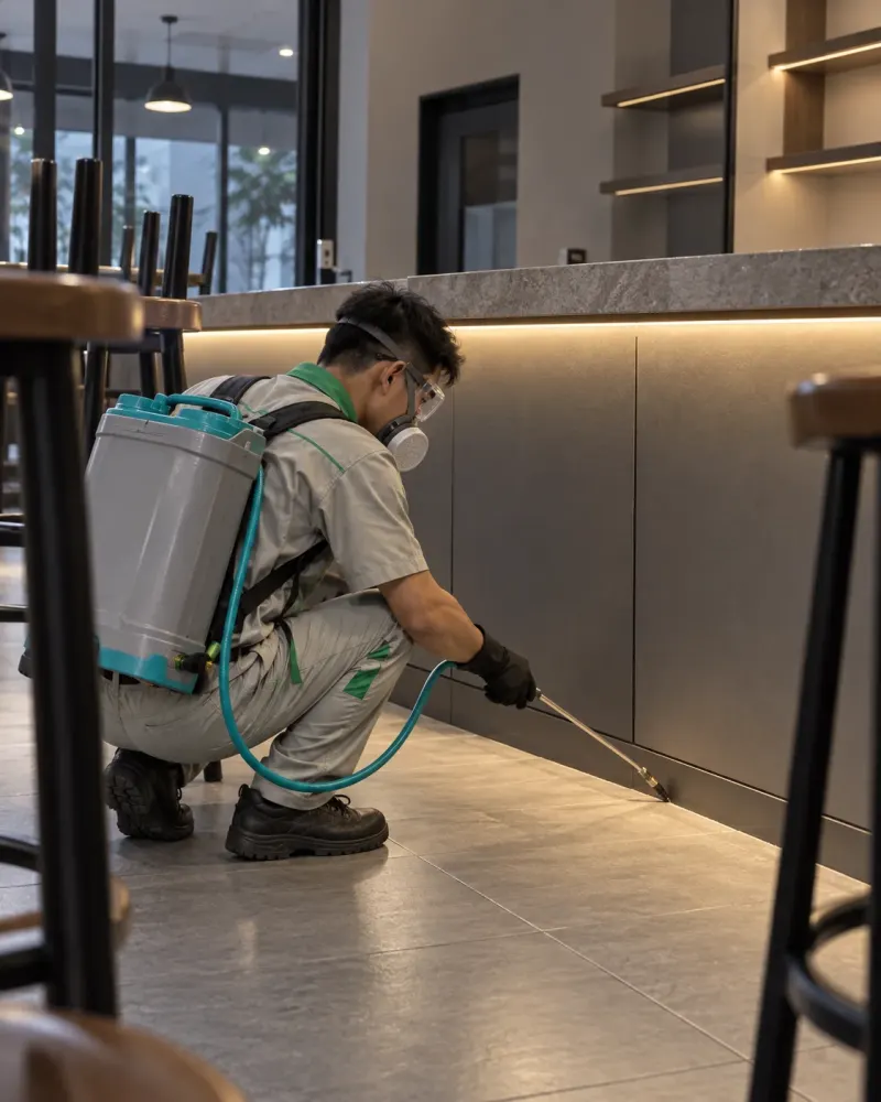 Kỹ thuật viên phun khe chân quầy quán cà phê