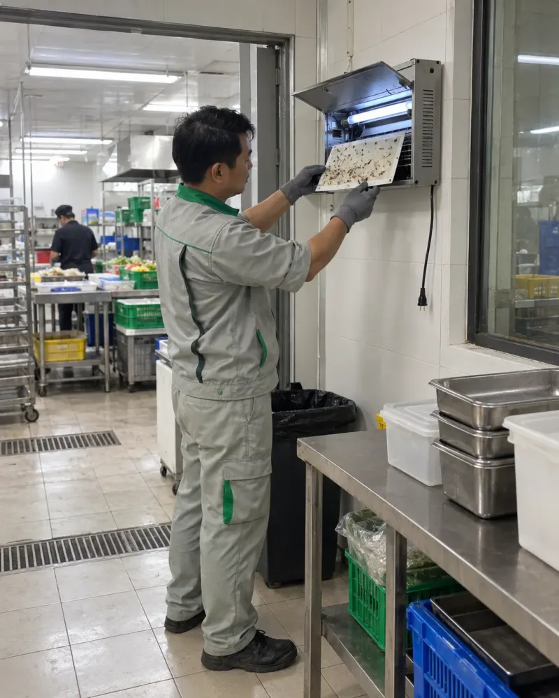 Kỹ thuật viên kiểm tra tấm keo đèn bắt ruồi ở khu chia món bếp trung tâm