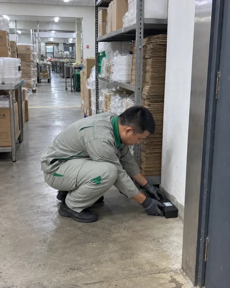 Đặt bẫy giám sát ở góc kho bao bì: góc kho chất thùng ít người đụng tới, giống kho trên lầu nhà phố buôn, là chỗ gián, chuột trú