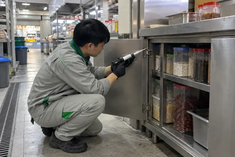 Kỹ thuật viên bơm gel diệt gián vào khe tủ gia vị khô bếp trung tâm