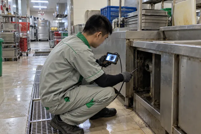 Kỹ thuật viên đưa camera nội soi vào khoang ống khu rửa bếp trung tâm