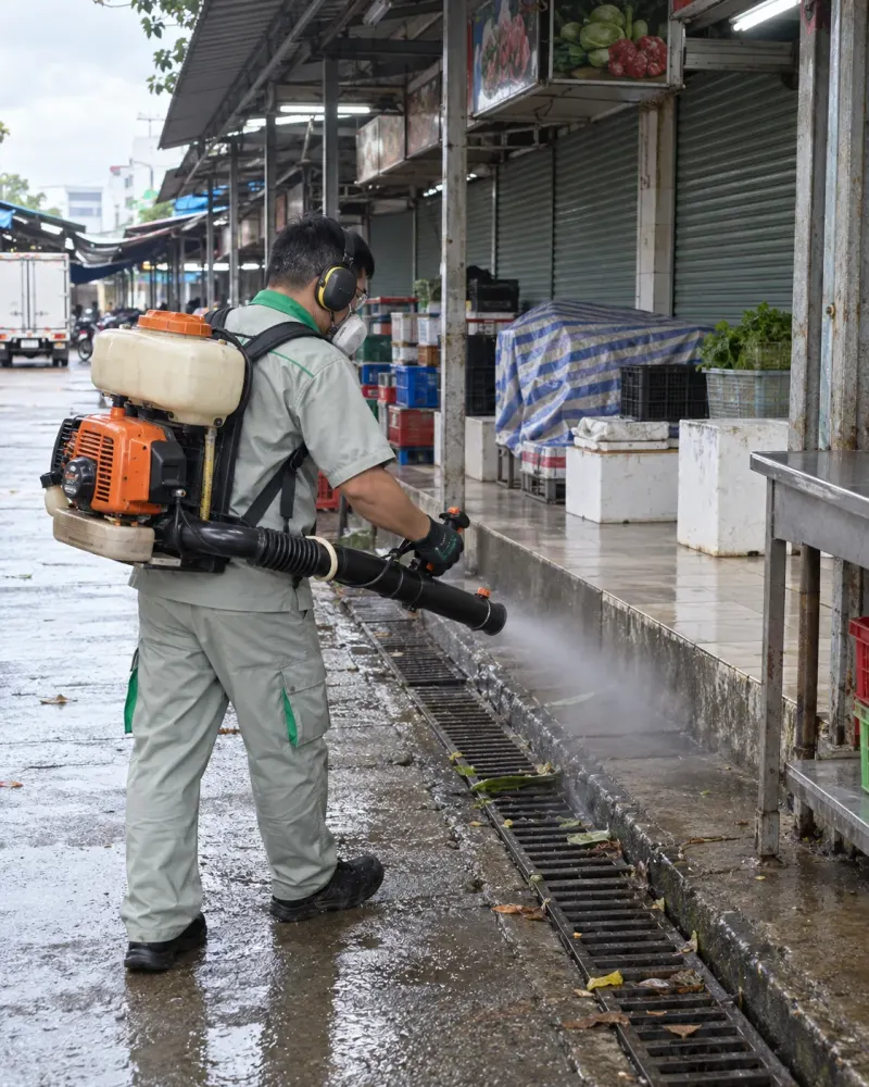 Phun sương rãnh ngoài khu chợ: ở chợ đầu mối, rác rau, cá dồn xuống rãnh sau mỗi đêm họp chợ là chỗ ruồi, chuột kiếm ăn