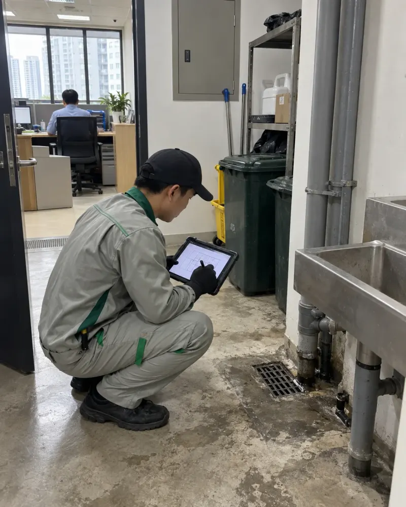 Kỹ thuật viên ghi nhận trên máy tính bảng tại phòng kỹ thuật toà nhà