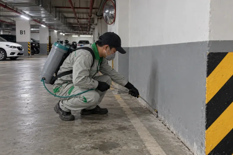 Kỹ thuật viên phun khe áp lực thấp dọc chân tường hầm xe chung cư