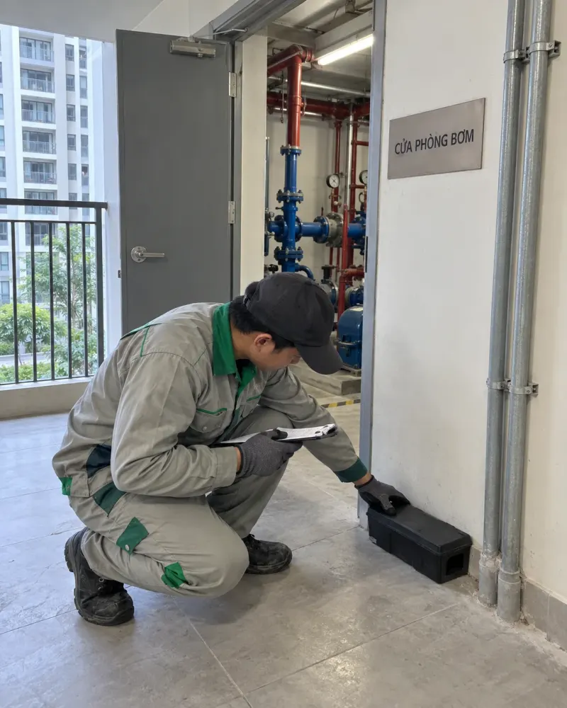 Kỹ thuật viên đặt trạm chuột trước cửa phòng bơm tòa nhà