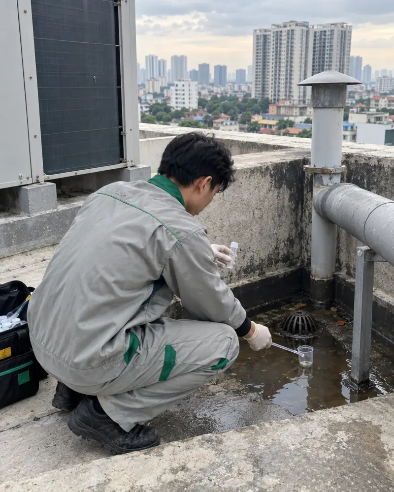 Kỹ thuật viên lấy mẫu lăng quăng ở hố thu nước trên mái tòa nhà