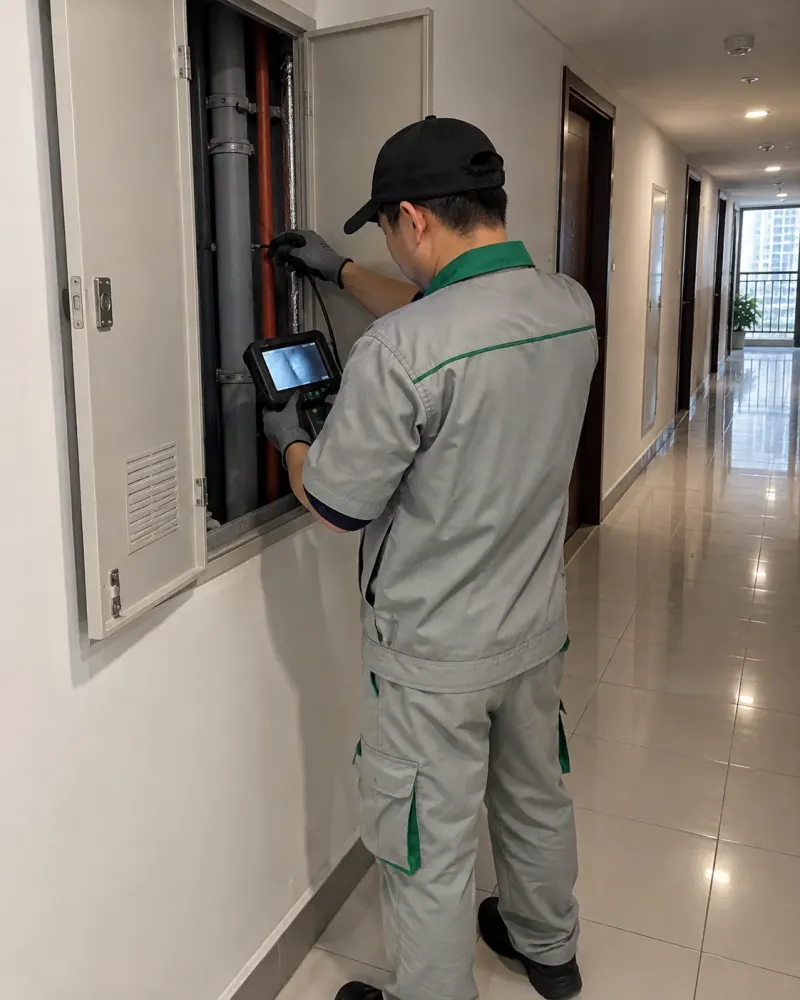 Kỹ thuật viên đưa camera nội soi vào hộp kỹ thuật hành lang chung cư