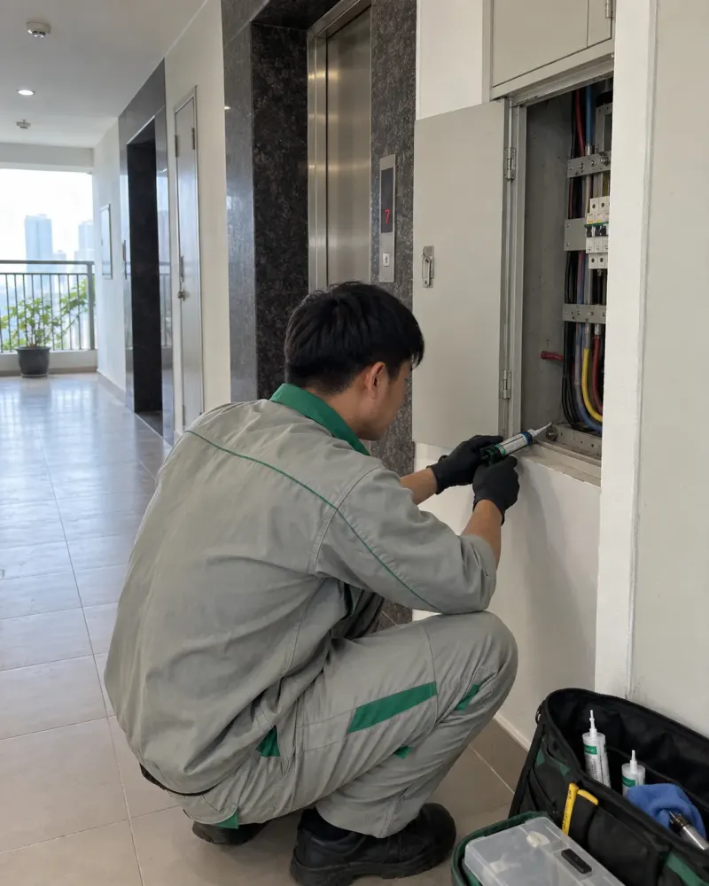 Kỹ thuật viên bơm gel diệt gián vào khe tủ điện tầng chung cư
