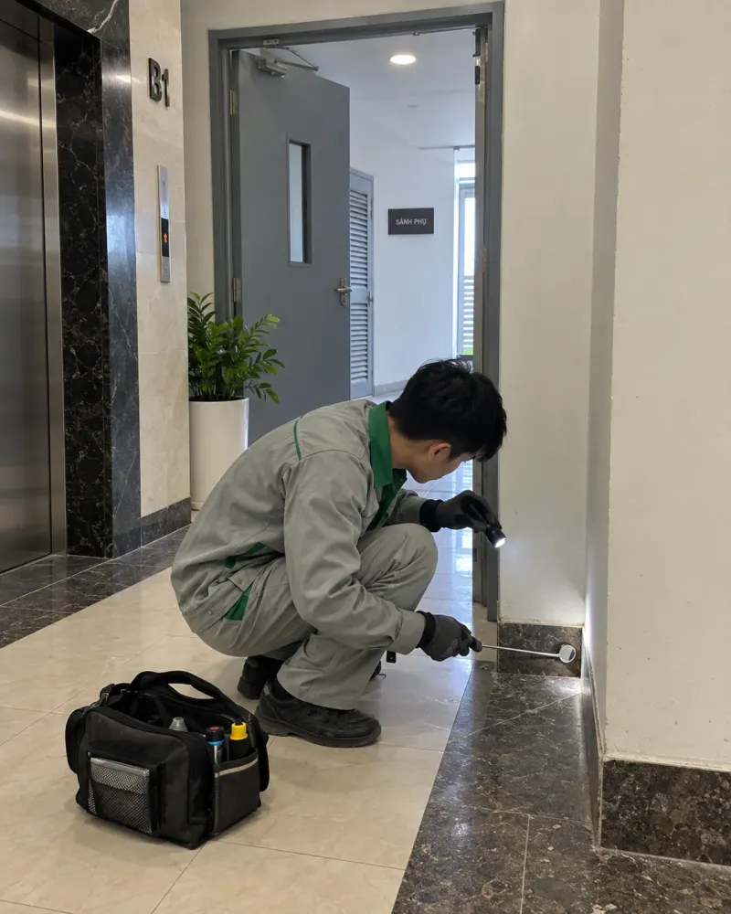 Kỹ thuật viên soi đèn pin khe tường sảnh phụ chung cư