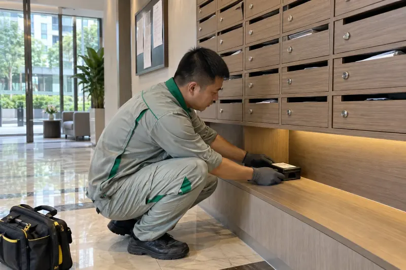 Kỹ thuật viên đặt bẫy giám sát dưới dãy hộp thư chung cư