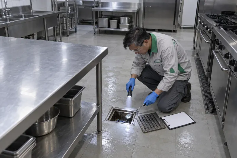 Kỹ thuật viên soi đèn kiểm tra cống sàn bếp nhà hàng cạnh bàn inox