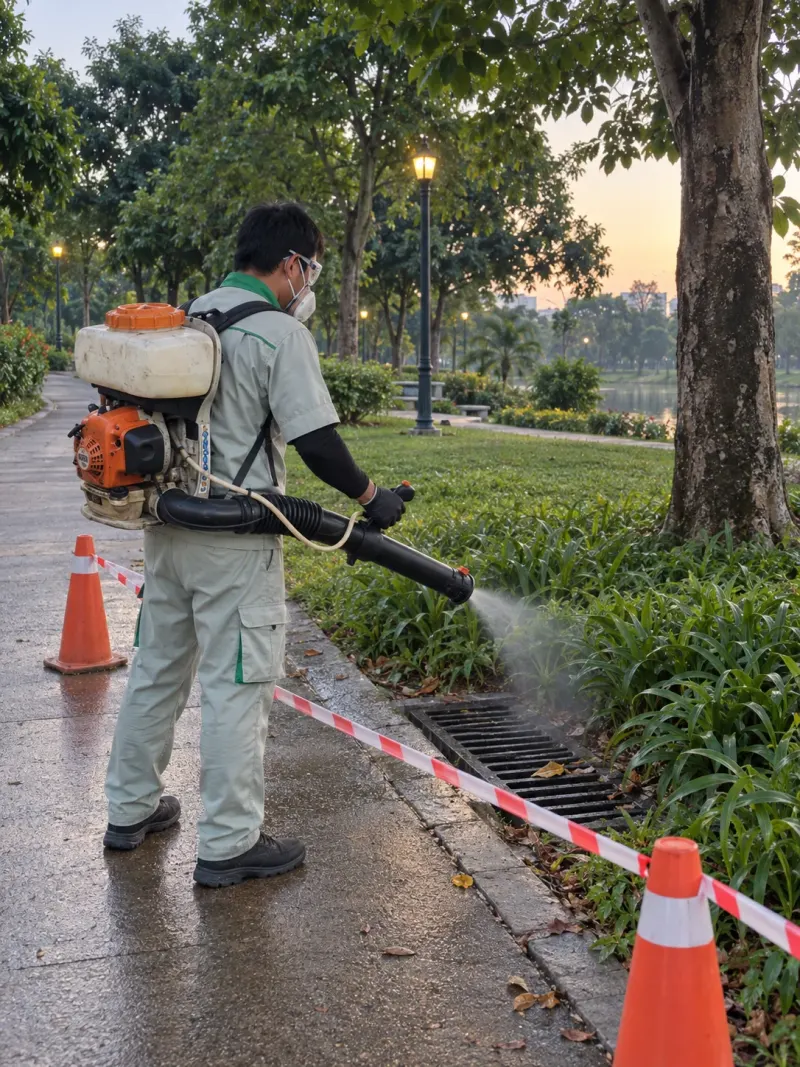 Kỹ thuật viên phun sương cống công viên sáng sớm có dây cảnh báo