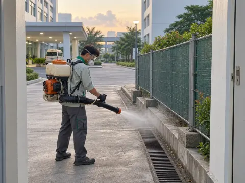 Kỹ thuật viên phun sương cổng ngoài bệnh viện lúc chiều