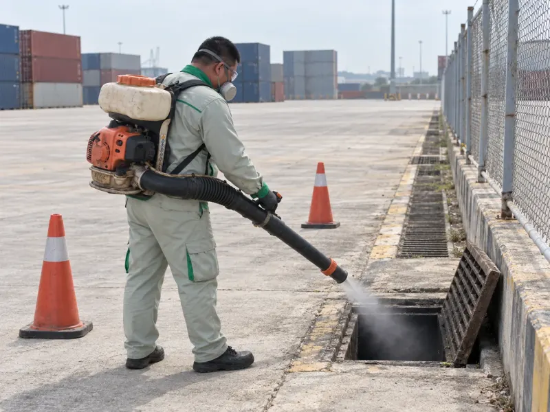 Kỹ thuật viên phun sương miệng cống sân container cảng