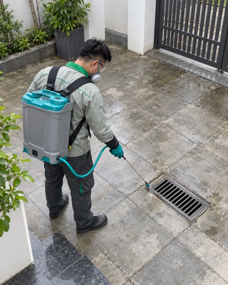 Kỹ thuật viên phun tồn lưu cống sân nhà phố cạnh cổng sắt