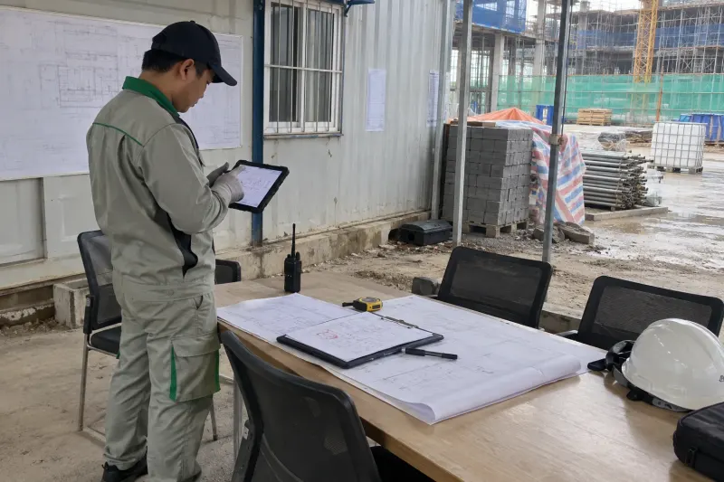Kỹ thuật viên ghi nhận trên máy tính bảng tại bàn họp chỉ huy trưởng công trường