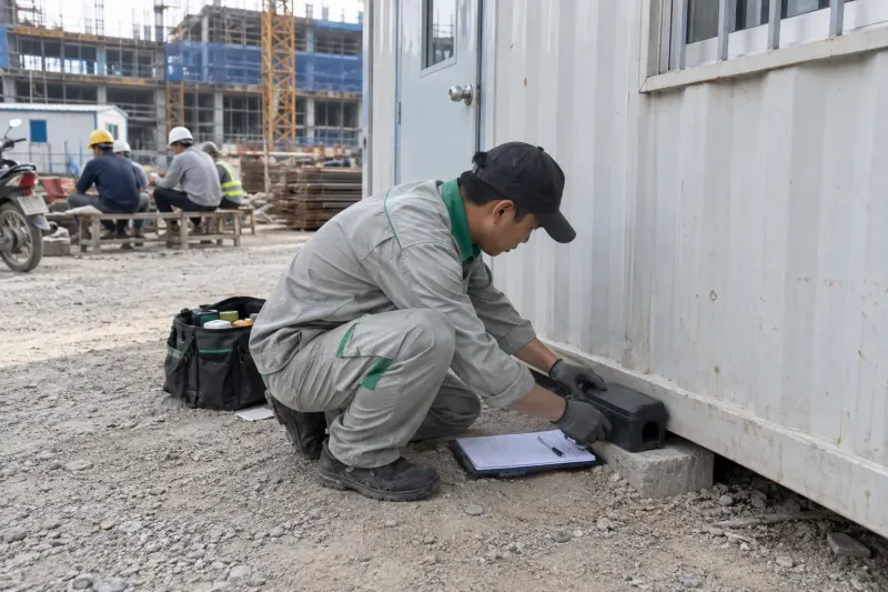 Đặt trạm bả chuột cạnh container văn phòng, nơi chuột quanh lán trại tìm tới đầu tiên