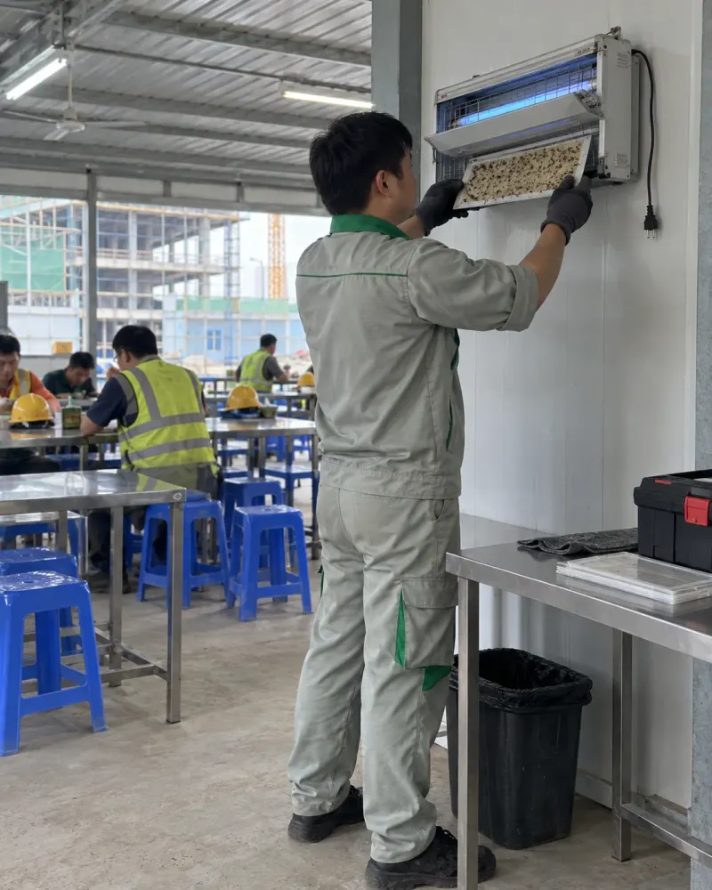 Kỹ thuật viên kiểm tra tấm keo đèn côn trùng ở khu ăn ca