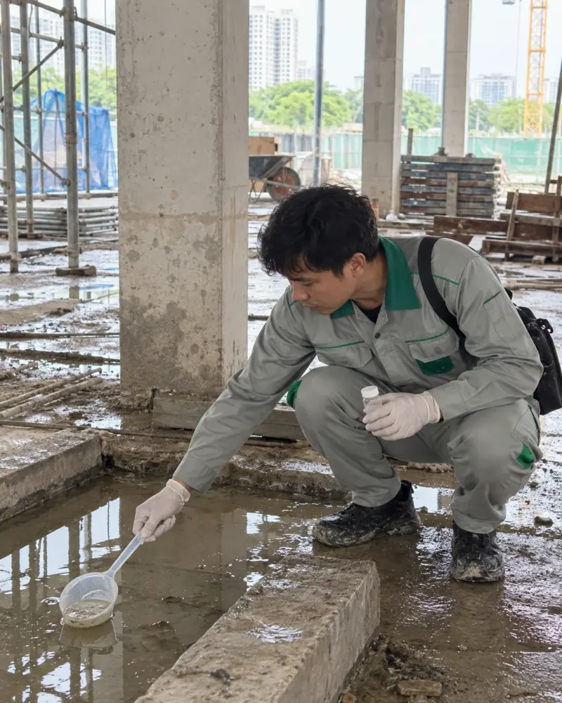 Kỹ thuật viên lấy mẫu lăng quăng ở hố nước đọng tầng trệt công trường