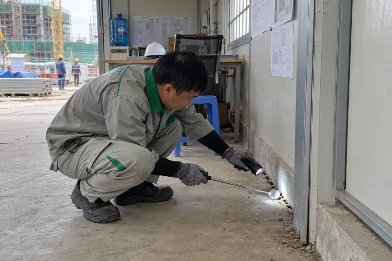 Kỹ thuật viên soi đèn pin khe chân tường lán chỉ huy công trường