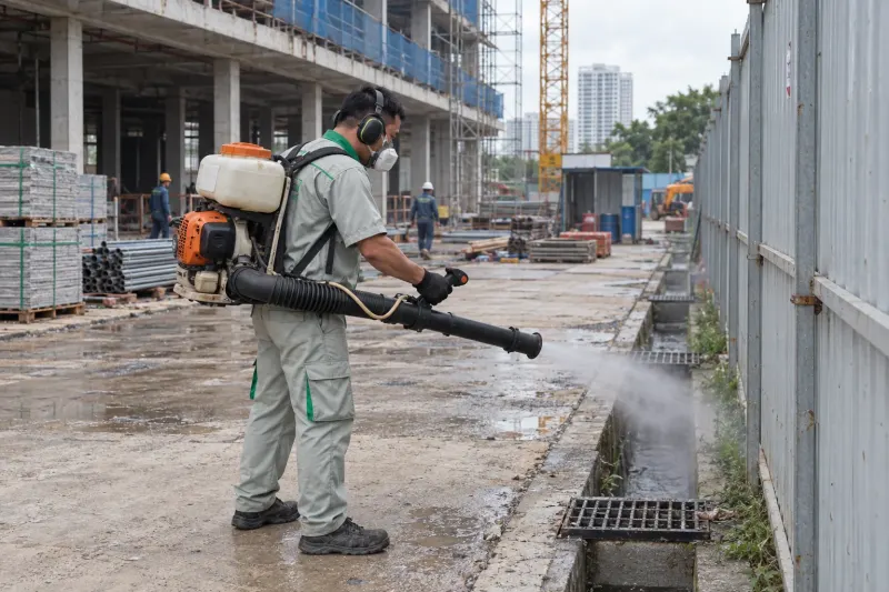 Kỹ thuật viên phun sương ngoại vi rãnh thoát nước công trường