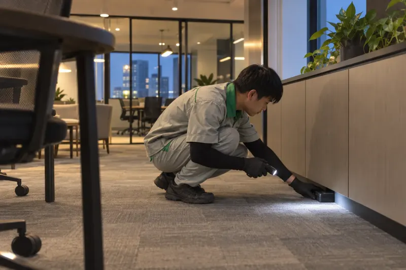 Kỹ thuật viên đặt trạm giám sát dưới tủ kệ không gian coworking