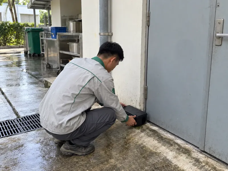 Kỹ thuật viên đặt hộp giám sát chuột cạnh cửa bếp bệnh viện