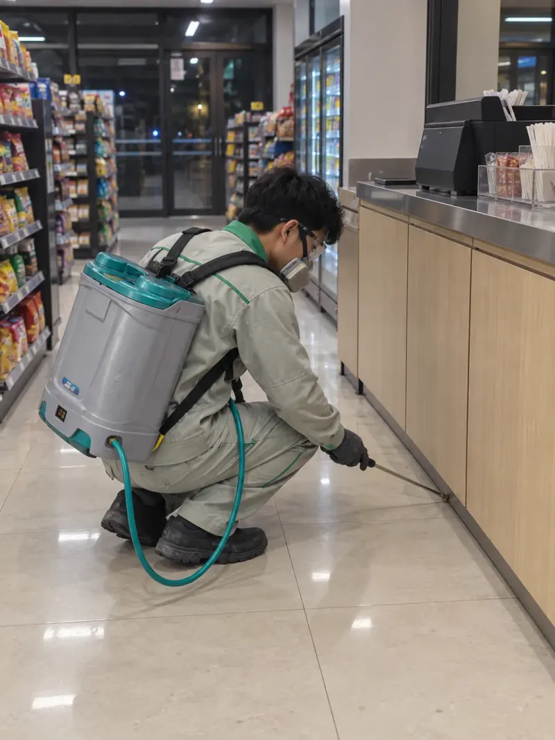 Kỹ thuật viên xử lý chân tủ quầy cửa hàng tiện lợi