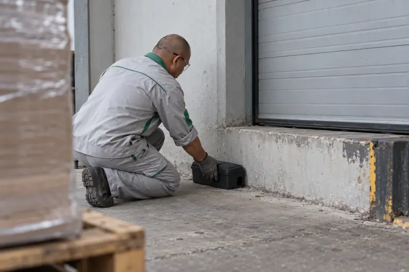 Kỹ thuật viên đặt trạm bả chuột ở cửa nhận hàng có pallet