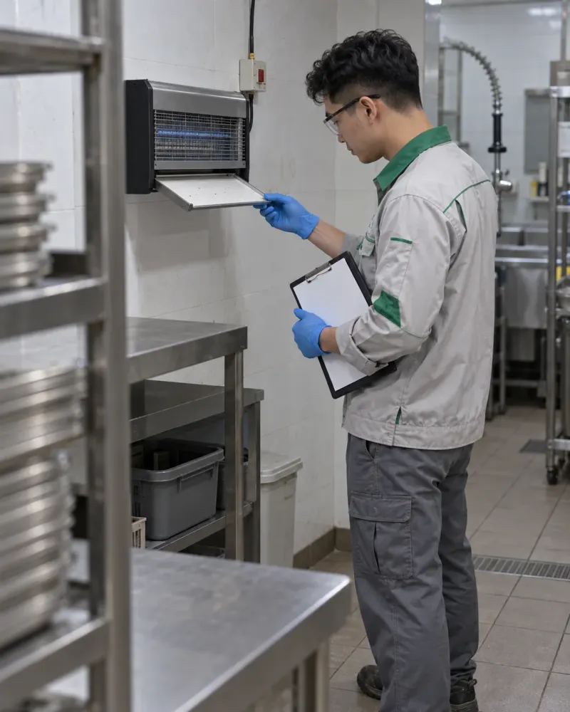 Kỹ thuật viên kiểm tra tấm keo đèn bắt ruồi trong bếp