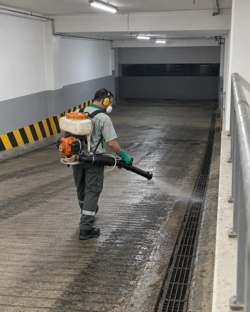 Kỹ thuật viên phun sương dốc hầm xe toà văn phòng lúc vắng xe