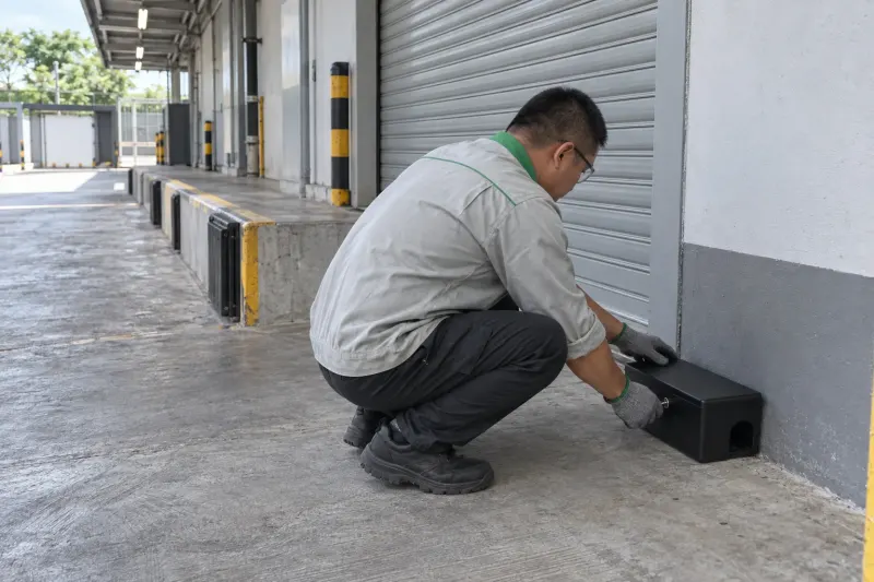 Kỹ thuật viên đặt trạm bả chuột dọc cửa nhận hàng bếp