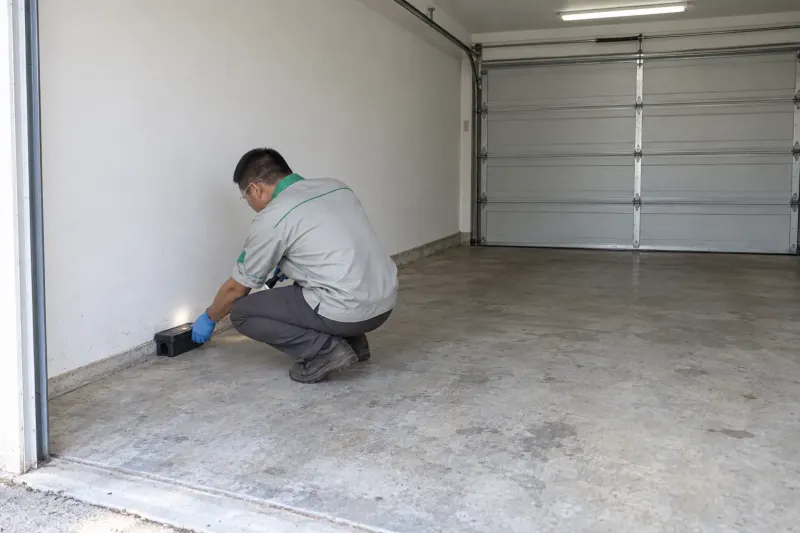 Kỹ thuật viên đặt hộp giám sát chuột góc gara nhà ở