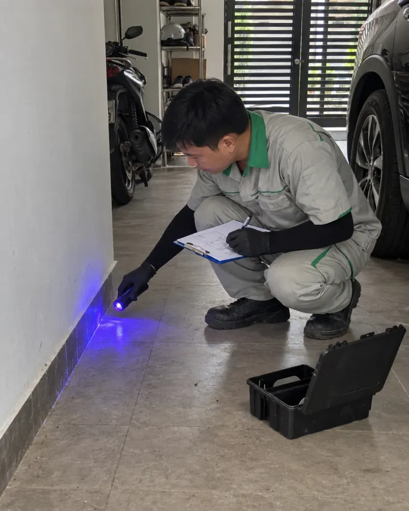 Kỹ thuật viên soi đèn UV truy dấu vết chuột ở góc gara
