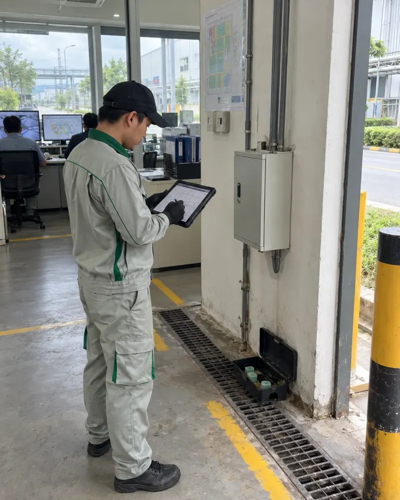 Kỹ thuật viên ghi nhận trên máy tính bảng tại bàn điều hành hạ tầng khu công nghiệp