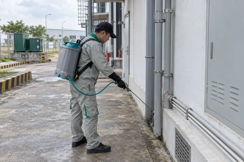 Kỹ thuật viên phun khe áp lực thấp dọc chân tường nhà tiện ích khu công nghiệp