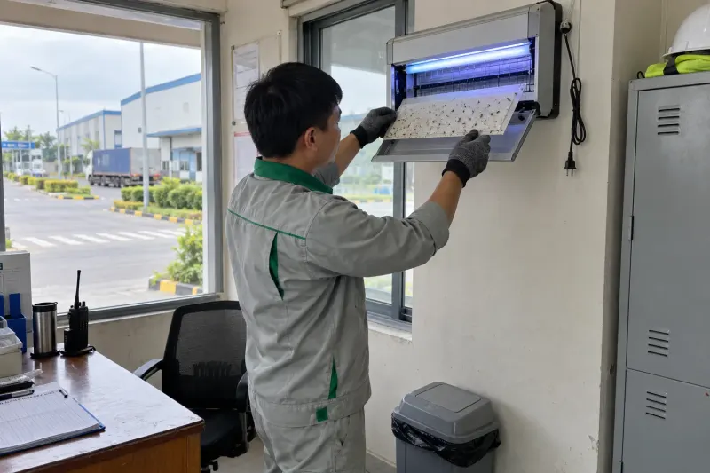 Kỹ thuật viên kiểm tra tấm keo đèn côn trùng ở nhà trực khu công nghiệp
