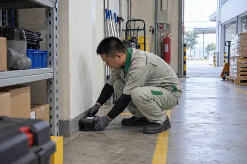 Kỹ thuật viên đặt bẫy giám sát ở góc kho bảo trì khu công nghiệp
