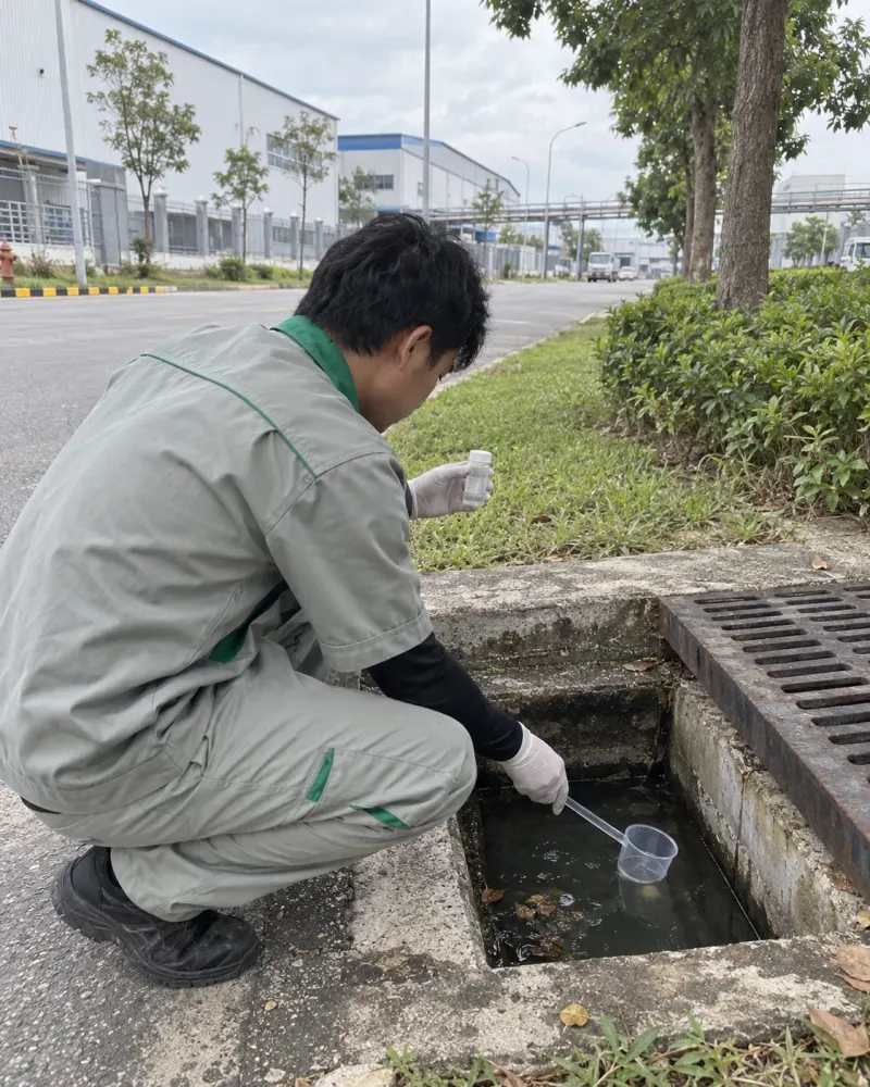 Kỹ thuật viên lấy mẫu lăng quăng ở hố thu nước ven đường khu công nghiệp