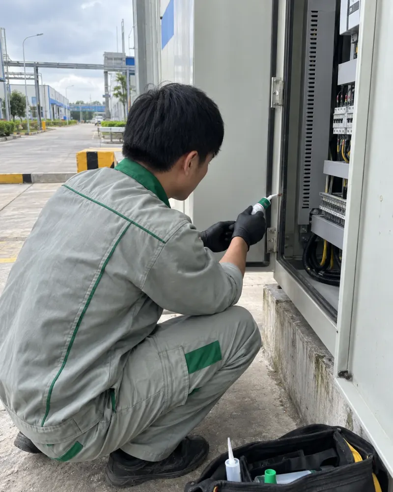 Kỹ thuật viên bơm gel diệt gián vào khe tủ điều khiển ngoài trời khu công nghiệp