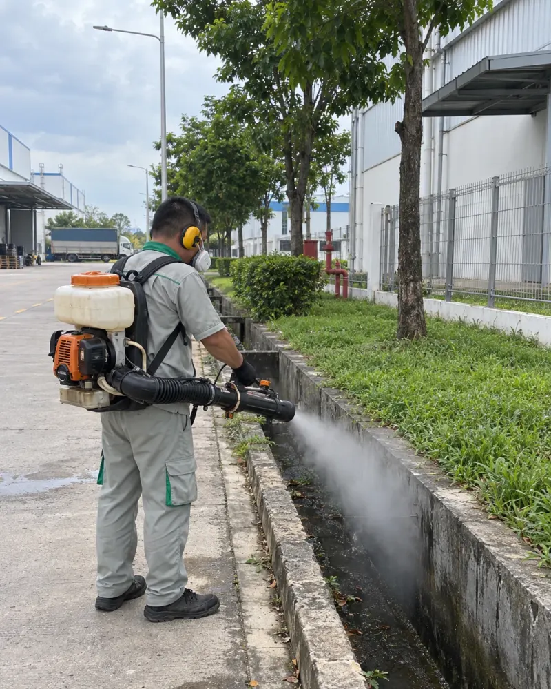 Kỹ thuật viên phun sương ngoại vi mương thoát nước nội khu công nghiệp