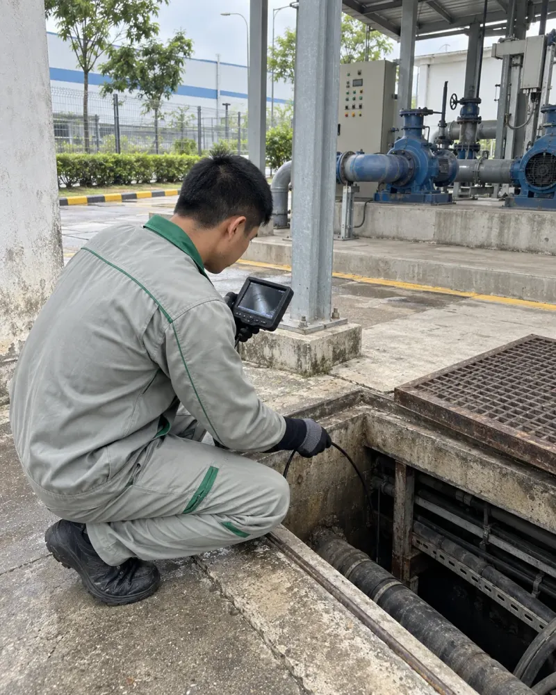 Kỹ thuật viên đưa camera nội soi vào ống kỹ thuật trạm bơm khu công nghiệp