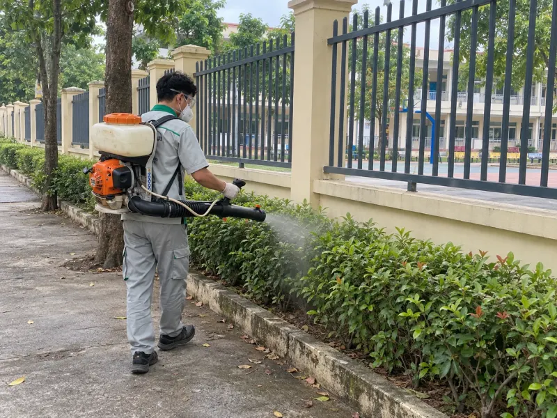 Kỹ thuật viên phun sương hàng rào cây trường học